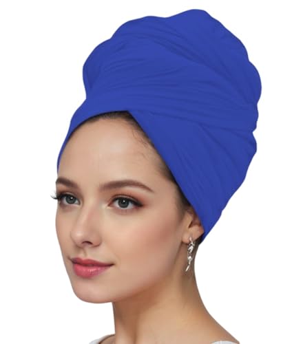 vabovin Head Wraps for Black Women Stretch Jersey Knit Turban Headwrap Solid Color Headscarf Headband Shawl - color: 12- Blue