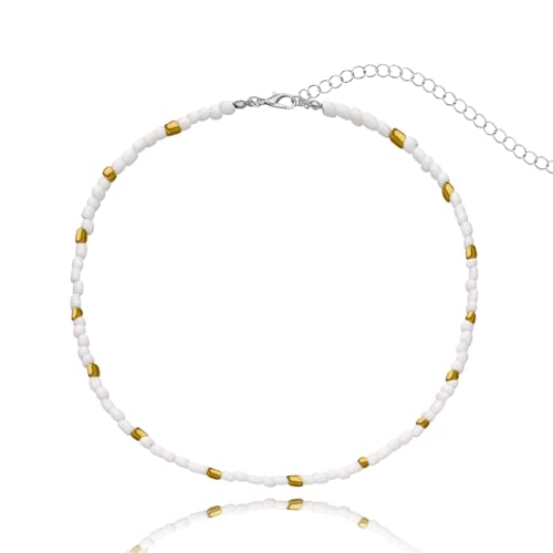 Tgirls Boho Choker Necklace Chain Rice Beaded Necklaces Seed Bead Necklace Accessory for Women - color: White Gold