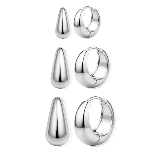 BESTEEL 3Pairs 14K Gold Plated Hoop Earrings Set for Women Chunky Earring Silver Plated Hypoallergenic Small Huggie Hoops Lightweight Tiny Thick Trendy Hoop Earrings Stacks for Multiple Piercing - color: Steel color