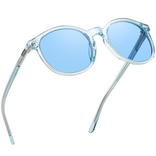 DUCO Women's Trendy Retro Round Acetate Polarized Sunglasses, UV400 99% Glare Block, Lightweight for Daily & Outdoor - color: Transparent Blue Frame Blue Lens
