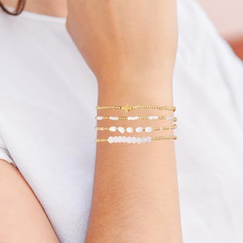 Dainty Gold Plated Pearl Crystal Beaded Bracelets Set for Women 14K Gold Plated Bead Pearl Beads Bracelet Stackable Paperclip Link Chain Bracelets Gold Plated Bracelets for Women Trendy Jewelry - color: Style10-cross pcs
