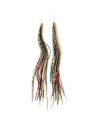 Feather Headz Bohemian handmade long lightweight feather dangle earrings for women - color: Rainbow