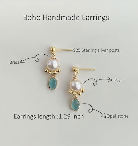 Boho Earrings for Women Natural Stone Beaded Handmade Vintage Dangle Earrings Bohemian Lightweight Hypoallergenic Jewelry for Dailywear Festival Occasions - color: Gold beaded boho