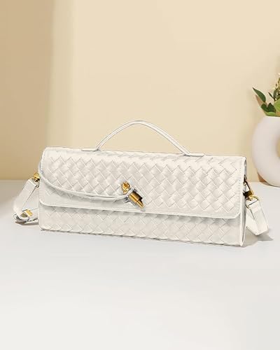 NEWBELLA Handwoven Women's Clutch Purse, Crossbody Bag with Adjustable Strap for Evening & Casual Use - color: White