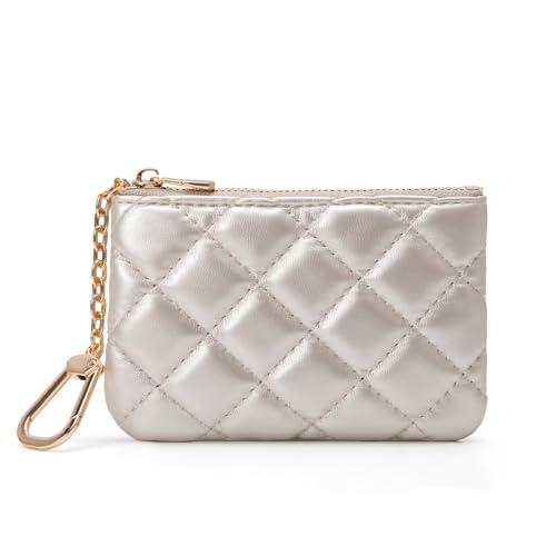 Quilted Leather Coin Purse with Keychain - Small Coin Pouch Key Pouch Small Card Holder Keychain Wallet Change Purse for Women and Men (Champagne Silver) - color: Champagne Silver