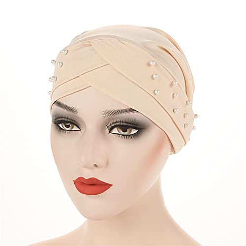 Women Beaded Silky Beanie, Pre-Tied Turban Head Wrap Cap for Chemo Chemical Cancer Hair Loss Cover Hat - color: Beige