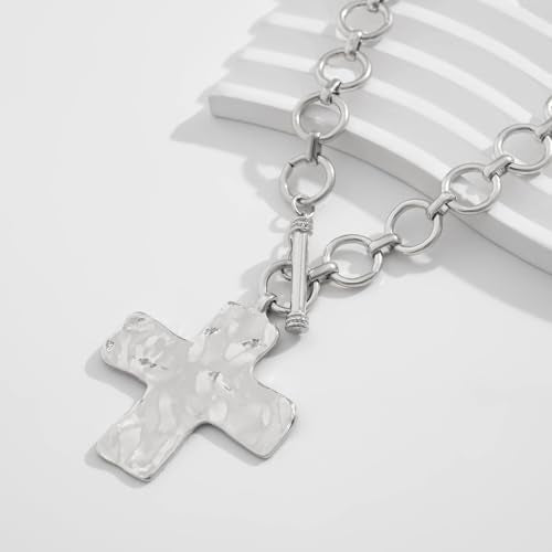 Chunky Cross Necklace for Women Chunky Gold Necklace Statement Cross Pendant Vintage Toggle Clasp Necklace Jewelry for Women - color: A2-Silver Cross Necklace
