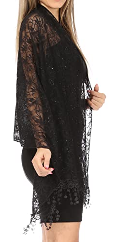 Sakkas Mari Women's Large Lightweight Soft Lace Scarf Wrap Shawl Floral and Fringe - color: Style3-black