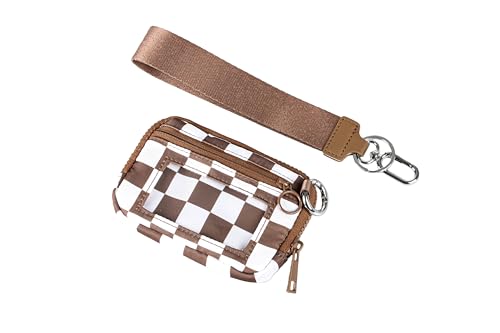 Wristlet Wallet for Women Mini Zip Card Case with Clear ID Window Zipper Coin Purse Lightweight Portable Keychain Wallet - color: Brown Lattice