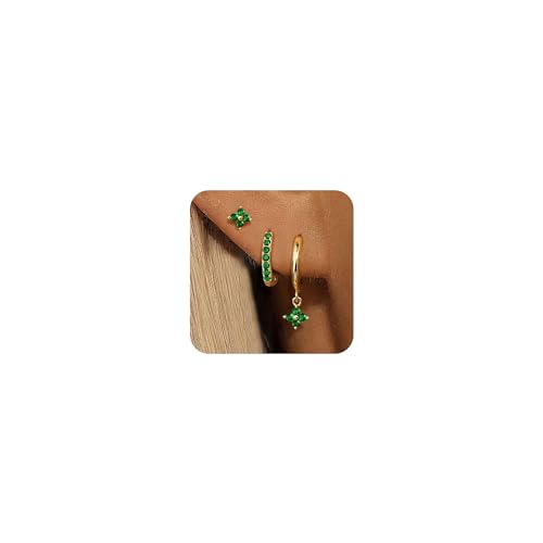 3 Pairs Gold Hoop Earrings Set for Women, Hypoallergenic 14K Gold Plated Huggie Earrings Stacks for Multiple Piercing Dainty Stud Earring Cartilage Birthstone Earring Women Jewelry Gift - color: 05. May(Emerald)