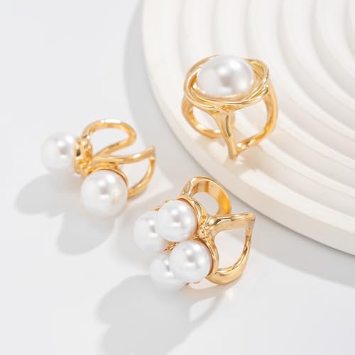 Gold Pearl Rings for Women Chunky Baroque Pearl Ring Open Adjustable Pearls Ring Boho Prom Costumes Jewelry Accessories - color: Gold