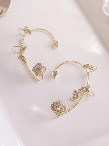 2PCS Ear Cuff Earrings for Women No Piercing Flower Climber Wrap Around Earrings Crawler Rhinestone Wrap Earring Fairy Ear Clip Jewelry Gifts - color: style2-gold
