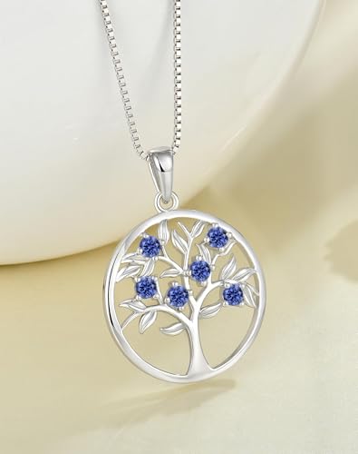 Tree of Life Necklace for Women - Solid 925 Sterling Silver 18K White Gold Plated Birthstone Pendant Jewelry - color: 12-Dec_Tanzanite