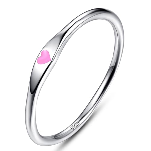 925 Sterling Silver Heart Ring for Women, 1mm Ultra Thin 14K Plated Gold Hypoallergenic Wedding Band with Black/Yellow/Red/Blue/Pink Love, Promise Stack Travel Jewelry Gifts Size 5-10 - color: G-Silver-Pink