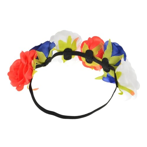BOHO Floral Crown Rose Flower Headband Hair Wreath (Red Blue White Elastic Ribbon) - color: Red Blue White Elastic Ribbon