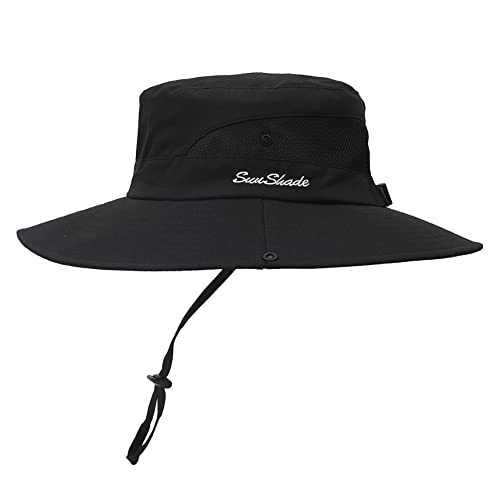 Womens Summer Sun Hat Beach Hat Wide Brim Outdoor UV Protection Hat Foldable Cool Mesh Ponytail Bucket Hat - color: Black