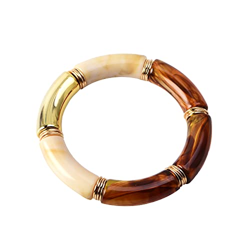 GOOJIDS Simple Beaded Gold Plated Bangles Bracelet Chunky Bamboo Tube Curved Stacking Clear Acrylic Colorful Beads Stretchable Gold Plated Bracelets Set For Women - color: A-Coffee