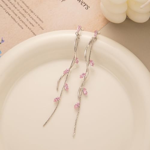 Temperament Long Zircon Tassel Earrings for Women Charm Jewelry Sparkling Crystal Leaves Twist Dangle Earrings for Friends - color: Silver-Pink Leaves