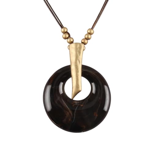 GelConnie Long Necklaces for Women Boho Large Pendant Necklace Casual Bohemian Brown Leather Choker Sweater Circle Statement Stone Necklace - style: Black Round Necklace