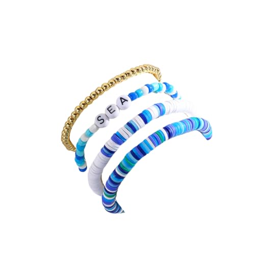 Caiyao Bohemia Multilayer Heart Imitation Pearl Beaded Stackable Bracelets Set Colorful Surfer Heishi Clay Gold Beads Stretch Bracelets for Women Men Summer Beach Boho Vacation Jewelry Gifts - color: Z-blue