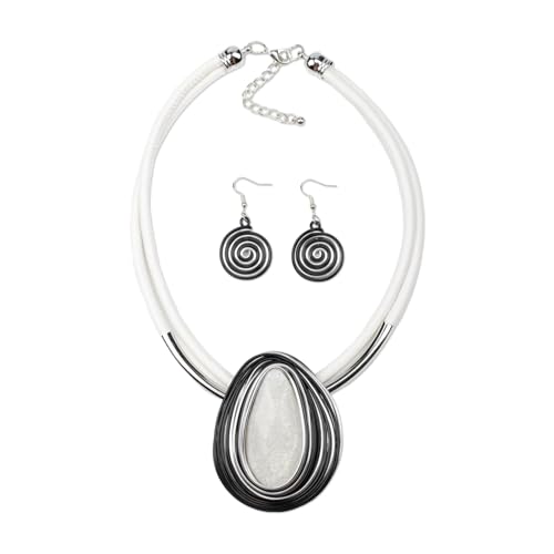 Ethnic Crystal Rhinestone Pendant Necklace Earrings Set Women Handmade Tribal Collar Choker Chunky Metal Bib Rope Chain African Statement Jewelry Set - color: NXR1484-white