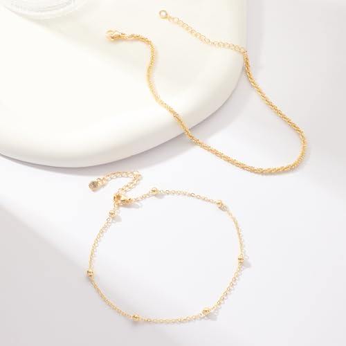 MIDEEO Gold/Silver Ankle Bracelets for Women,14K Gold Anklets for Women Waterproof Cuban Link Heart Beads Herringbone Rhinestone Anklets Set Layered Anklet Bracelets for Women Gold Jewelry Gift - style: 2Pcs Anklets B-Gold