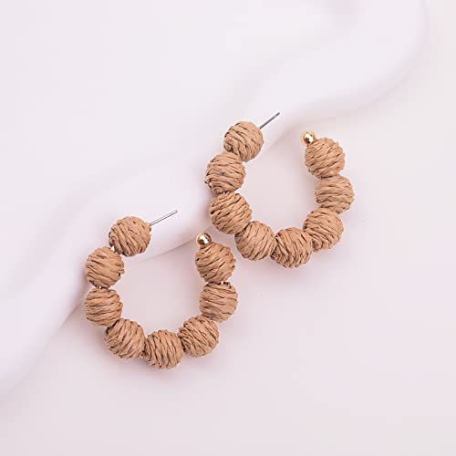 Raffia Hoop Earrings Statement Boho Beaded Earrings Cute Rattan Handmade Colorful Jewelry for Women Unique Summer Outfits - color: Wheat