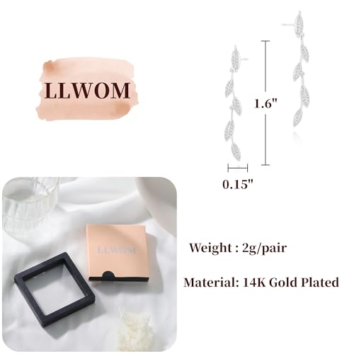 LLWOM 14K Gold/White Gold Plated CZ/Flower/North Star/Leaf Dangle Drop Earrings Studs for Women, Statement Earrings for Wedding Party Prom, Hypoallergenic Jewelry Gift - color: Silver Leaf