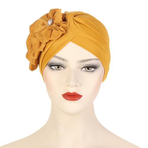 Flower Turban Hats for Women - Ruffle Bead Stretch Solid Caps Chemo Cancer Pre Tied Headscarf Headwear - color: Yellow