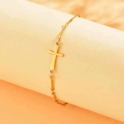 Cross Anklets for Women, 18K Gold Plated Dainty Ankle Bracelets with Colorful Beads Pearl Anklet, Adjustable Religious Christian Satellite Cross Chain, Waterproof Boho Summer Beach Jewelry - style: Bamboo-joint Cross-Gold