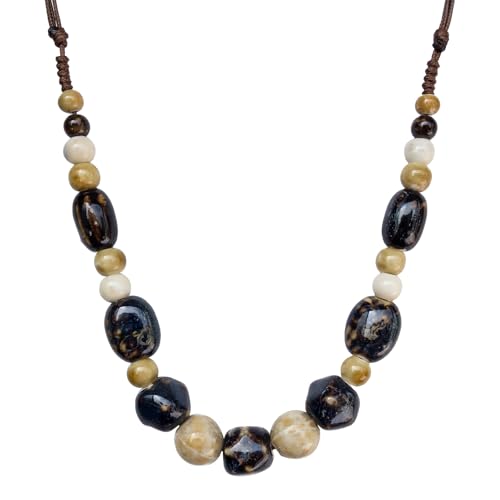 Boho Round Colorful Ceramic Beaded Necklace, Adjustable Hippie Statement Necklace, Handmade Ethnic Jewelry Gift for Women - color: Brown and Beige