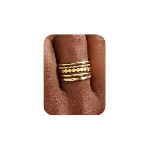 Florideco 14K Gold Plated Stackable Rings for Women Non Tarnish Thin Dainty Ring Set Minimalist Stacking Thumb Rings Statement Pinky Engagement Ring Promise Wedding Bands for Women Size 5-10 - color: 14K Gold Plated