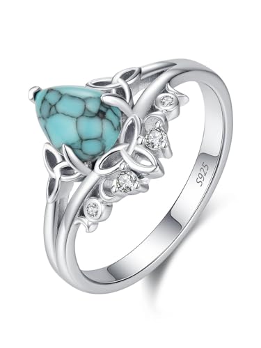 Genuine Turquoise Ring 925 Sterling Silver Celtic Knot/Feather Ring Western Boho Jewelry Native American Gifts for Women7# 8# 9#