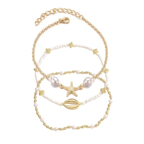 Boho Beads Beach Layered Anklet Set for Women, Handmade Gold Starfish Pearl Shell Anklets Summer Ocean Accessories Jewelry Gift - color: Starfish