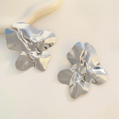 Statement Chunky Gold Large Silver Earrings for Women Trendy, Big Irregular Geometric Dainty Liquid Metal Stud Earrings Simple Prom Party Jewelry Gift - color: Silver -Large