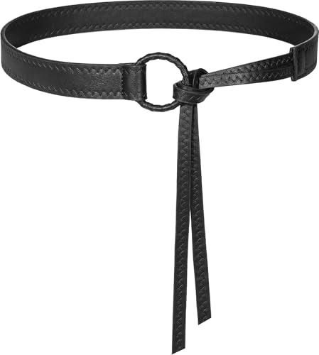Knotted Waist Belt for Women PU Leather Thin Strap Belt for Dresses - color: Black