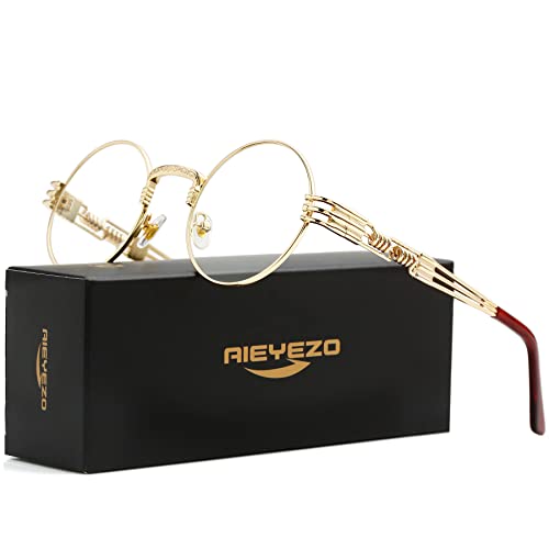 AIEYEZO Round Steampunk Sunglasses for Men Women Retro Circle Hippie Glasses Metal Frame 100% UV Blocking Lens - color: A1 Gold/Transparent