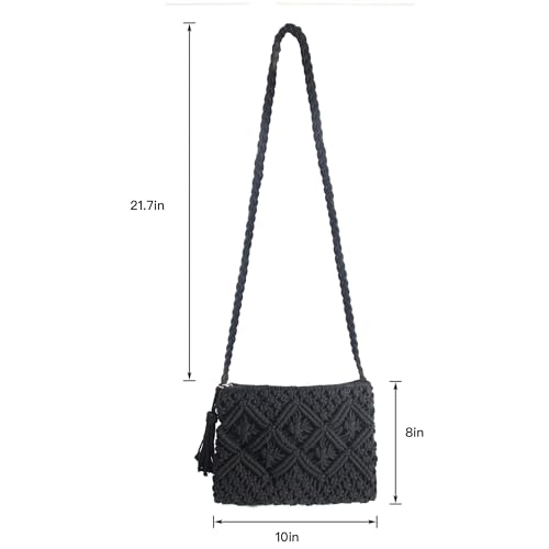Eiyye Handmade Crochet Purse Boho Cotton Rope Crossbody Shoulder Bag with Tassel Casual Bag for Women - color: Black
