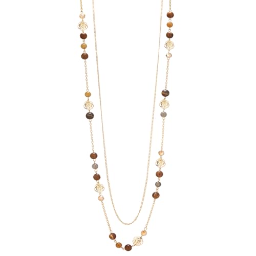 FULU AUTUMN Boho Gold Long Necklaces for Women Natural Stone Beaded Layered Long Necklace Mothers Day Gifts Dainty Flower Costume Jewelry for Women - color: Brown