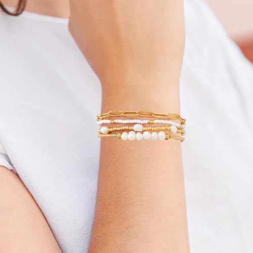 Dainty Gold Plated Pearl Crystal Beaded Bracelets Set for Women 14K Gold Plated Bead Pearl Beads Bracelet Stackable Paperclip Link Chain Bracelets Gold Plated Bracelets for Women Trendy Jewelry - color: Style3-pearl gold bead set