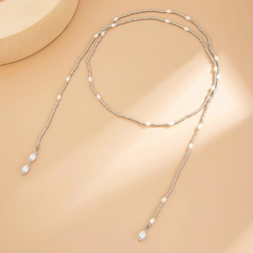 Statement Long Necklaces for Women Vintage Layered Beaded Long Chain Necklaces Boho Y Shaped Tassel Long Pearl Necklace Statement Bead Necklace Jewelry Gift for Women - style: Silver Pearl Beaded