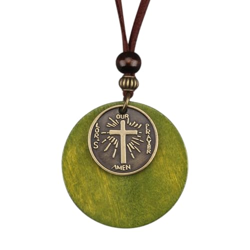 PU Leather Necklace Vintage Boho Style Multilayer Pendant Long Sweater Necklace Jewelry for Women Men with Adjustable Leather Cord - color: Green Round Cross Wood Necklace