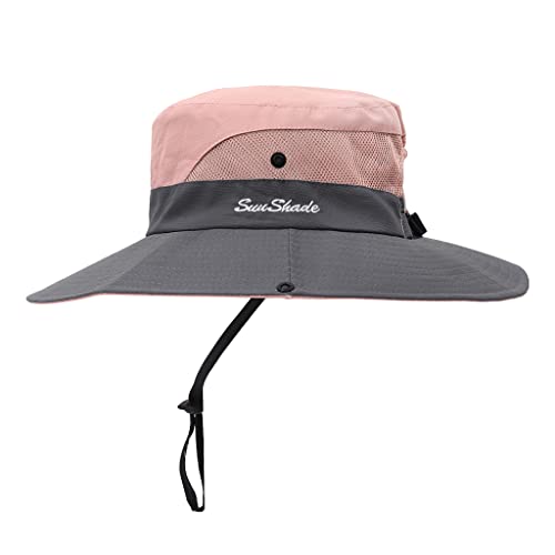 Womens Summer Sun Hat Beach Hat Wide Brim Outdoor UV Protection Hat Foldable Cool Mesh Ponytail Bucket Hat - color: Grey+pink