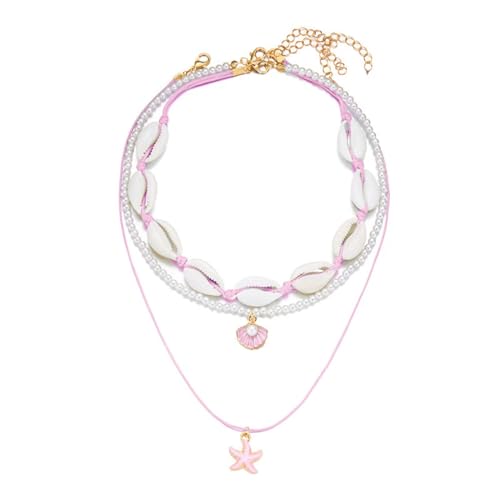 Shell Beach Choker Necklace Set for Women Boho Layered Beaded Adjustable Starfish Conch Shell Nacklace Imitaion Pearl Rice Beads Necklace Summer Ocean Vacation Jewelry - color: Pink