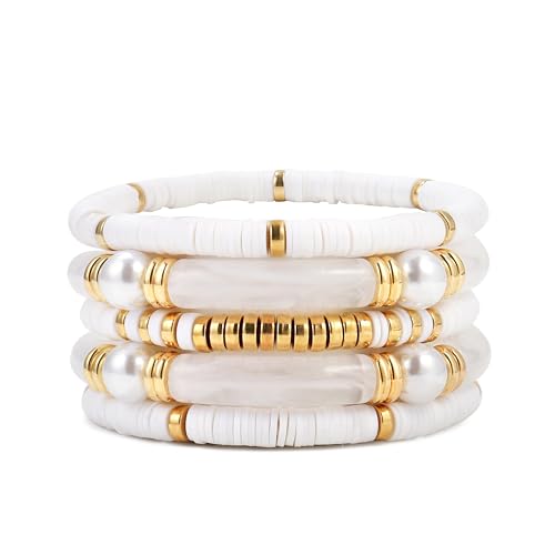 Elegance 11 designs colorful bracelets for women Surfer Thick Tube Heishi Summer Beach Beaded Stackable Boho Stretch Bracelets - color: Elegant White