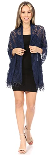 Sakkas Mari Women's Large Lightweight Soft Lace Scarf Wrap Shawl Floral and Fringe - color: Style2-navy