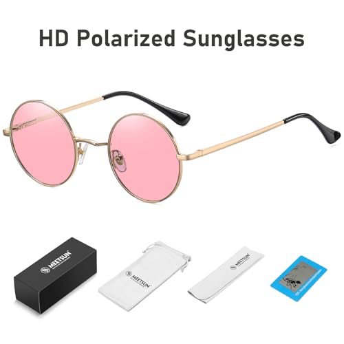 MEETSUN Small Round Polarized Sunglasses for Men Women Metal Retro Hippie Circle Sun Glasses Driving Festival Cosplay UV400 - color: Gold / Pink