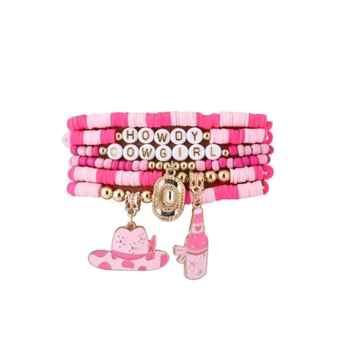 Fuqimanman2020 Boho Western Cowgirl Howdy Stackable Beaded Bracelet Set for Women Western Country Hat Boot Charms Polymer Clay Beads Bracelets Country Concert Rodeo Jewelry Gift - color: Style 2 Pink Hat