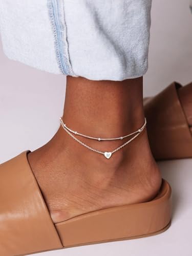 ChicSilver Sterling Silver Anklets for Women 925 Ankle Bracelets for Women Layered Heart Anklet With Beaded Anklets for Women - style: 02.B