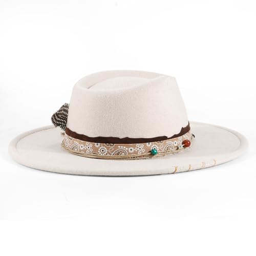 Womens Boho Fedora Hat Wide Brim Fedora Mens Handmade Flat Brim Hats - color: Beige